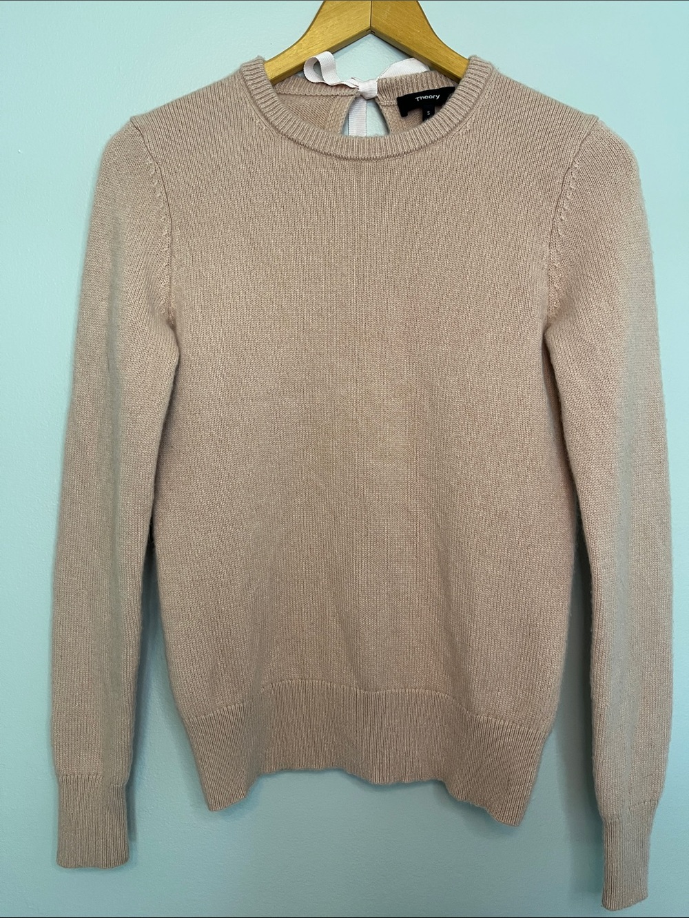 Theory 100% Cashmere Scoop Neck Sweater in Light Taupe with ribbon tie neck